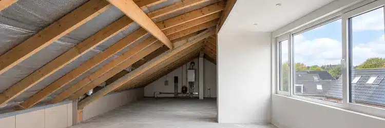 Zolder met dakkapel die een rechte wand geeft naast een lage nok in het midden