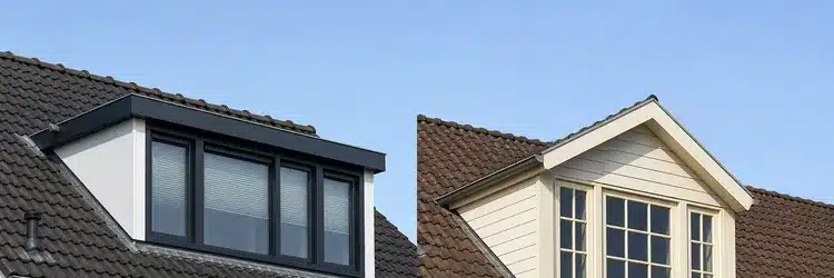 Moderne vs klassieke dakkapel: strak plat dak met donkere kozijnen links, puntdak met houtlook rechts