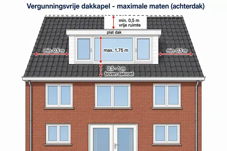 Maatschema vergunningsvrije dakkapel op achterdak: max. 1,75 m hoog, min. 0,5 m vrije ruimte tot nok en zijkanten, 0,5 tot 1 m boven dakvoet, plat dak