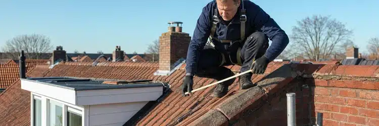 Dakdekker meet de nok op een schuin dak voor een mogelijke nokverhoging
